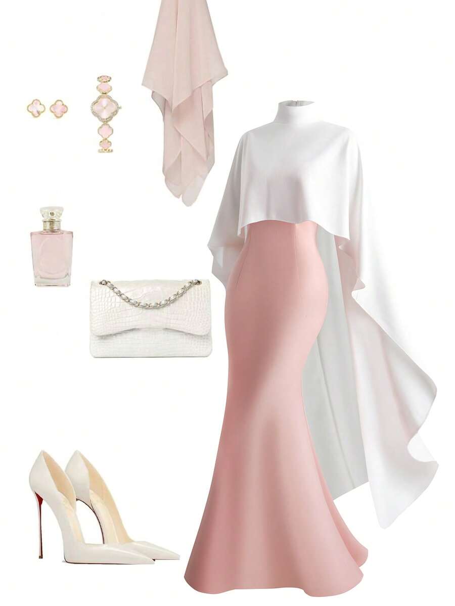 Franclia Elegant Fashion Spaghetti Strap Dress With Detachable Cape Shawl - Pink - View 1