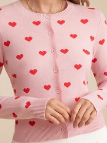 WESTFADE 圆领纽扣前开心形提花宽松版型开衫毛衣 - 粉色 - 查看 2