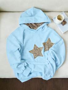 Elamini Women's Casual Leopard Print Sweatshirt With Star Pattern - Baby Blue - View 1