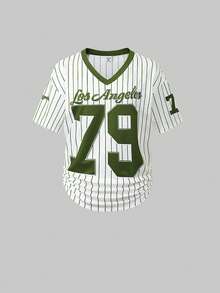 Sparklyn 2件套休闲时尚少女数字图案V领短袖上衣和阔腿运动裤套装 - 軍綠色 - 查看 3