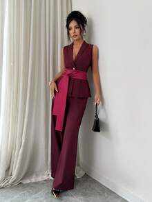 Elenzga Bộ trang phục thanh lịch và tinh tế dành cho nữ, gồm áo sơ mi không tay cổ chữ V màu đỏ tía, cài một hàng khuy, có thắt lưng, kết hợp với quần ống rộng. Thích hợp cho sinh nhật, hẹn hò, tiệc tùng, các dịp trang trọng, tiệc cocktail, lễ hội âm nhạc, Ngày Valentine, Lễ Phục sinh, Ngày động, tiệc tựu trường, tiệc độc thân, và mùa xuân. - Màu đỏ tím - Xem 6