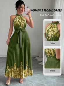 Elenzga Women's Summer Elegant Floral Loose-Fitting Halter Dress - Army Green - View 1