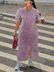 Muchica 大码宽松长款雪花印花T恤裙 - 紫色 - 查看 3