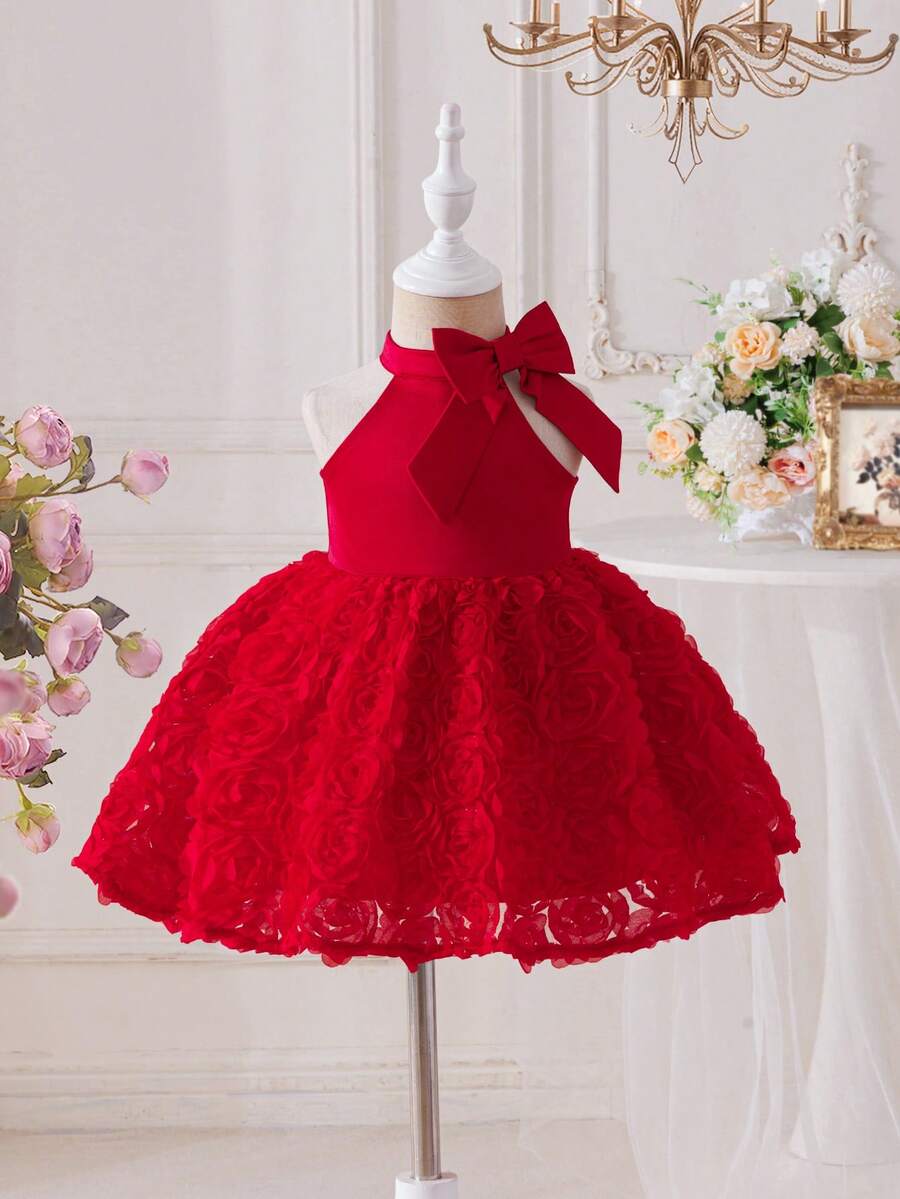 Baby Girl Elegant Cute Mesh Red 3D Rose Dress - Red - View 1