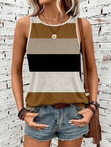 SHEIN LUNE 女士条纹圆领休闲百搭背心 - 彩色 - 查看 2