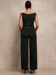 MaterniChic 孕妇纯色船领撞色蕾丝阔腿优雅无袖连体裤 - 黑色 - 查看 2