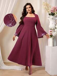 SHEIN Belle 情人节大码高端红色晚礼服，镶嵌水钻的优雅派对礼服，奢华迷人的婚礼宾客礼服，适合贵妇音乐节春夏礼服 - 中紫紅色 - 查看 3