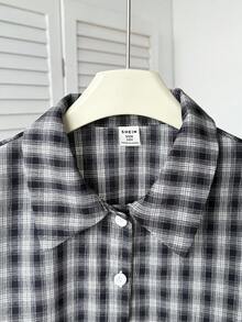 SHEIN 少女休闲日常时尚复古藏蓝色白格子短袖衬衫 - 藏蓝色 - 查看 3