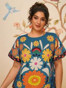 Travachic 大码女式热带印花宽松休闲短袖衬衫 - 彩色 - 查看 6