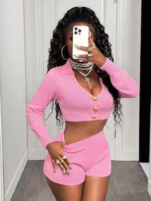 SHEIN BamGlam 2 piezas Conjunto de suéter para mujer - Cárdigan polo corto de manga corta ajustado color rosa y shorts casuales sexy y minimalistas - Rosa - Ver 7