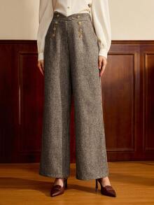 Vintamour 复古优雅女士长裤，带口袋，羊毛千鸟格双排扣休闲办公度假套装裤，秋季女装，冬季女装，商务休闲女装，办公室女装，工作女装，西式女装，秋季女装，工作女装，秋季女装，圣诞节教堂服装，工作裤，早午餐女装，节日女装，西式女装 - 黑與白 - 查看 5