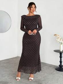 Firerie Vestido largo con espalda descubierta y dobladillo de cola de pez con lunares de café para mujer de talla grande, vestido de lunares blancos sobre base de café, vestido de malla elástica con forro, elegante para uso diario, viajes, fiestas, adecuado para primavera, otoño, invierno, elegante, viajes, citas, fiestas, bodas, graduaciones, actuaciones, conciertos, trabajo, reuniones anuales, vestido de cumpleaños para mujer - Café integral - Ver 1