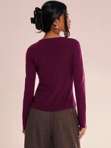 MUSERA 针织圆领长袖上衣，休闲度假机场休闲秋季返校优雅情人节春夏装 - 中紫紅色 - 查看 3