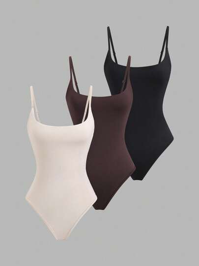 Sweetra Set de 3 bodys sin mangas casuales para mujer, de ajuste ceñido y cuello bajo en unicolor, versátiles para uso diario, en color albaricoque, marrón café y negro, para primavera/verano