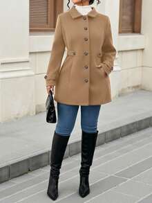 SHEIN Tall CURVE Plus Size Women Tall Fitted Wool Blend Coat, Single Breasted - Khaki - View 6