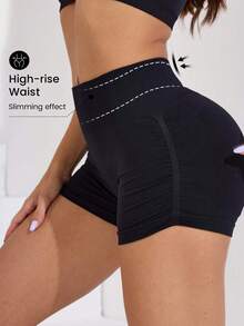 Easithlete 女士高腰提臀罗纹瑜伽短裤 - 收腹、高弹、防走光、运动短裤 - 黑色 - 查看 5