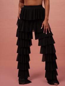 Vixey Black Mesh Elastic Waistband Tiered Ruffle Pants - Black - View 2