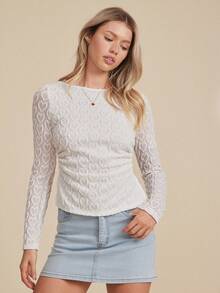 WESTFADE 心形纹理针织修身长袖开衩下摆弹力上衣 - 白色 - 查看 4