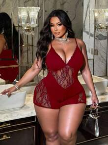 SHEIN CURVE+ 大码女式深V领蕾丝撞色网纱性感吊带连体衣 - 紅色 - 查看 6