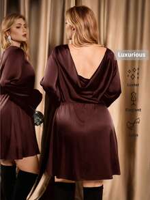 Auralis Backless Plunging Neck Flare Sleeve Cropped A-Line Mini Satin Party/Birthday Date Dress Elegant Sexy Draped Neck Concert Plus Size Maxi Dress Office Lady Chic Midi Dress Luxury Dress For Women Long Sleeve Elegant Dress Satin Dress Elegant - Coffee Brown - View 7