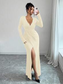 Elenzga Đầm dự tiệc thanh lịch màu trơn dành cho nữ, cổ chữ V sâu, xếp ly, xẻ tà. - Màu Khaki - Xem 6