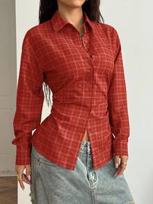 StreetHx Camicia oversize a maniche lunghe in stile retrò anni 2000 Y2K, con lacci in vita, a quadri marroni, comoda, adatta per l'autunno/inverno - Rosso - Visualizzare 4