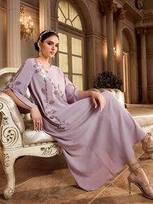 Al Najma Women's Elegant Arabic Style Dress With 3D Floral Decor And Side Slit, 3/4 Sleeve Formal Elegant Party Uxury Evening Dresses Wedding Party Dress - Coral Pink - View 8