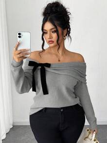 Elenzga Plus Size Women's Solid Color Knitted Off-Shoulder Bow Long Sleeve Pullover Sweater,Pink And Grey,Autumn,Elegant,Everyday Winter Grey Top - Grey - View 1