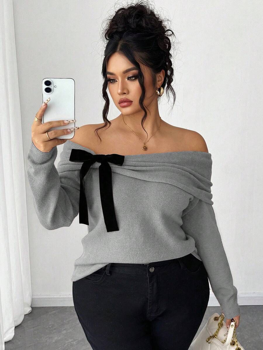Elenzga Plus Size Women's Solid Color Knitted Off-Shoulder Bow Long Sleeve Pullover Sweater,Pink And Grey,Autumn,Elegant,Everyday Winter Grey Top - Grey - View 1