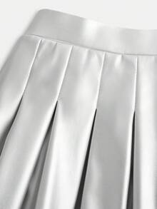 SHEIN 少女休闲高腰百搭纯色褶皱短款PU裙 - 銀色 - 查看 3