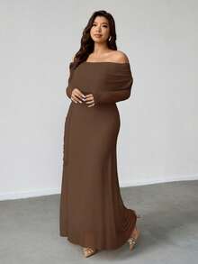 Firerie 大码女式优雅休闲度假约会派对下午茶精致迷人ins风时尚褶皱露肩披肩不对称下摆弹力长袖连衣裙 - 咖啡棕 - 查看 4