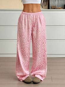 SHEIN EZwear Women's Casual Pink Leopard Print Drawstring Waist Loose Wide Leg Pants Palazzo Pants Women - Pink - View 5