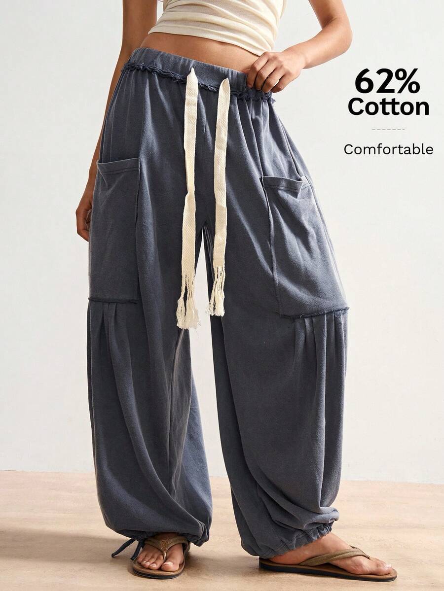 Bohemela Women's Casual Loose Solid Color Knit Pants, Suitable For Winter, Christmas, New Year, Boho, Independence Day, Vacation - Dark Grey - View 1