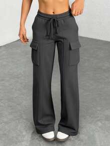 Pantalón casual negro con rayas laterales, simple y de moda para uso diario - Gris Oscuro - Ver 3