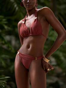 Zivah 新款优雅可调节肩带和腰部设计度假休闲沙滩比基尼套装 - 棕色 - 查看 2