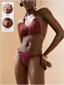 Zivah 新款优雅可调节肩带和腰部设计度假休闲沙滩比基尼套装 - 棕色 - 查看 8