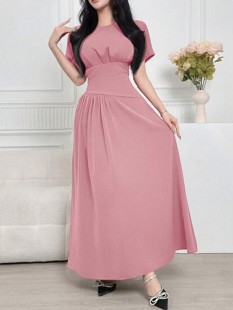 Feyla 女士纯色圆领短袖收腰优雅长裙 - 粉色 - 查看 3