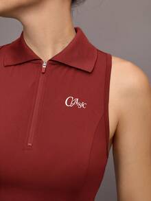 Activina Women's Letter Print Zip-Up Half Placket Vest And Skorts Sports Suit - Red - View 6