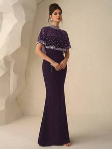Coutiva 女士高端晚礼服，饰以仿珍珠，优雅正式，适合派对和盛会，奢华精致。 - 紫色 - 查看 5