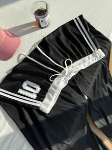 SHEIN EZwear 大尺碼女款數字印花抽繩腰寬腿休閒牛仔褲，適合返校、騎行、辦公、正式場合與度假，黑白配色，秋季款 - 黑色 - 查看 14