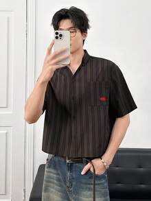 ESTAVOR Men's Fashionable Casual Striped Button-Down Short Sleeve Shirt - Brown - View 3