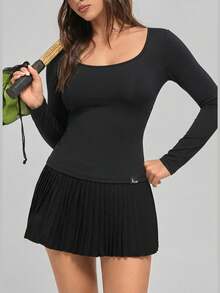 Fluxe 女士纯色圆领长袖修身休闲百搭T恤 - 黑色 - 查看 6