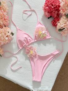 Swim Mod Bộ đồ bơi 2 mảnh, vải trơn màu bóng họa tiết hoa, áo ngực tam giác hở lưng và quần cắt cao, bộ bikini gợi cảm, xuân/hè - Màu Hồng baby - Xem 2