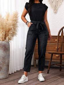 EMERY ROSE 女士系带前口袋休闲直筒牛仔裤（配腰带）