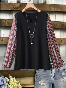 Seusyu Casual Loose Knit Textured Sadu Pattern Printed Plus Size T-Shirt, Versatile For Spring & Autumn - Multicolor - View 1