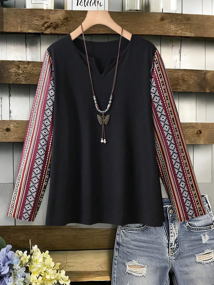 Seusyu Casual Loose Knit Textured Sadu Pattern Printed Plus Size T-Shirt, Versatile For Spring & Autumn - Multicolor - View 1