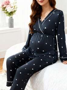 Moonlight&Mama 2pcs Heart Print Trim Nursing Maternity Long Sleeve Pajama Set