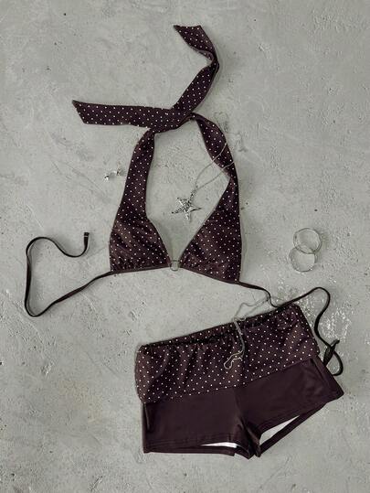 INAWLY Women's Polka Dot Halter Tie Top And Shorts Sexy Vacation Outfit