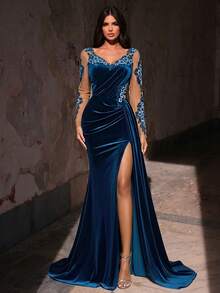 Glamrae 优雅奢华亮片蕾丝贴花拼接弹力天鹅绒褶皱薄纱长袖性感开衩鱼尾连衣裙，适合婚礼、派对、写真、度假、晚宴等场合。 - 湖藍色 - 查看 8