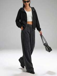 SHEIN EZwear Women's Casual Black Front Zipper Long Sleeve Hooded Sweatshirt With Pockets Graduation,Back To School Outfits,Graduation,Teacher Outfits For Women,Back To School In Fall/Winter - Black - View 4